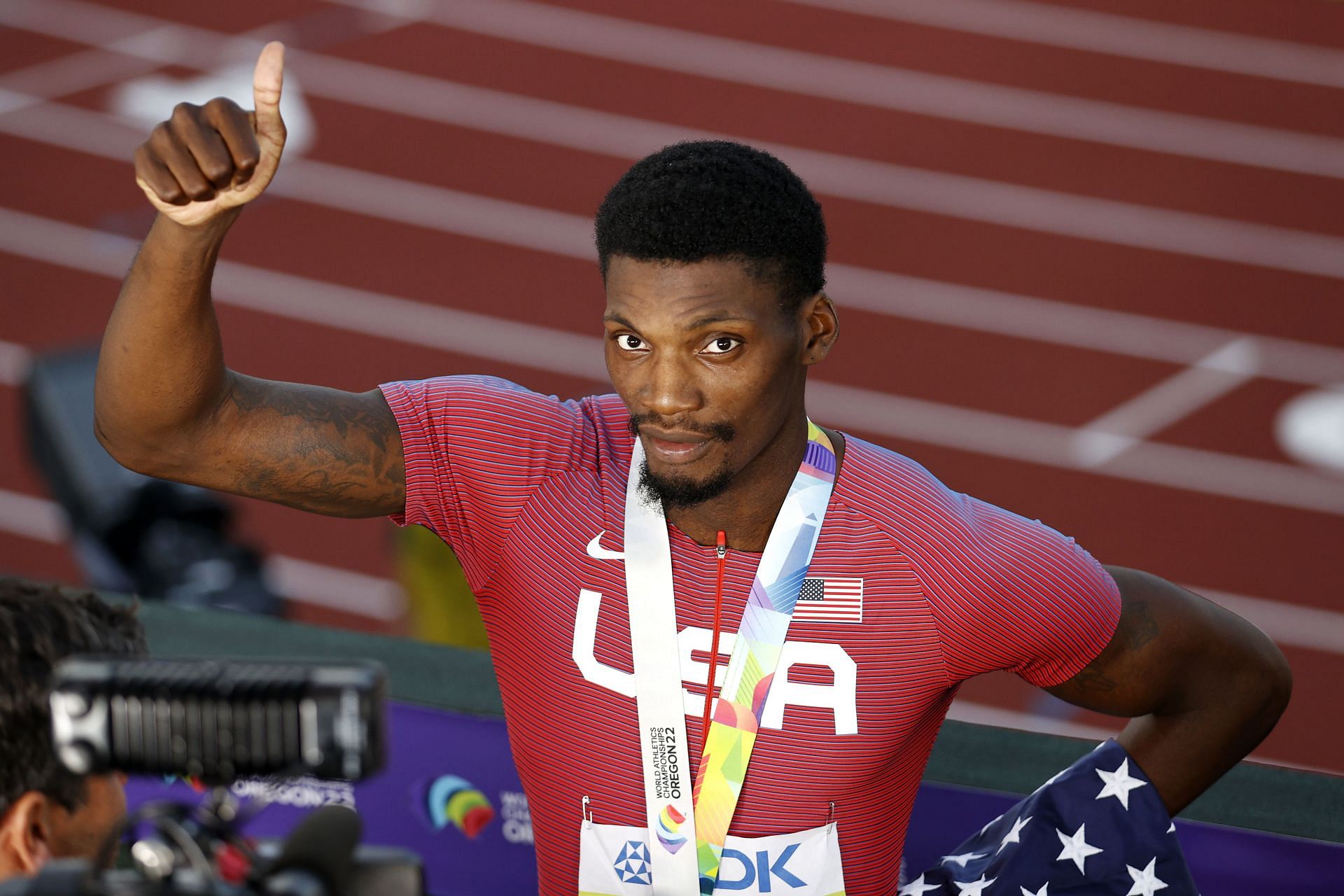 Fred Kerley celebrates after winning gold in the Men&rsquo;s 100m Final at the 2022 World Athletics Championships in Eugene, Oregon.