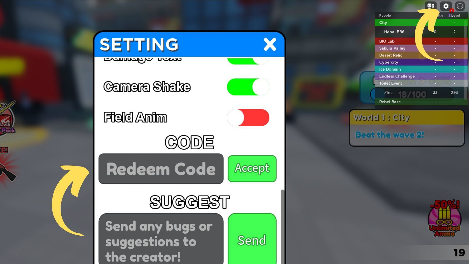 Redeem codes in Gun Warriors (Image via Roblox || Sportskeeda)