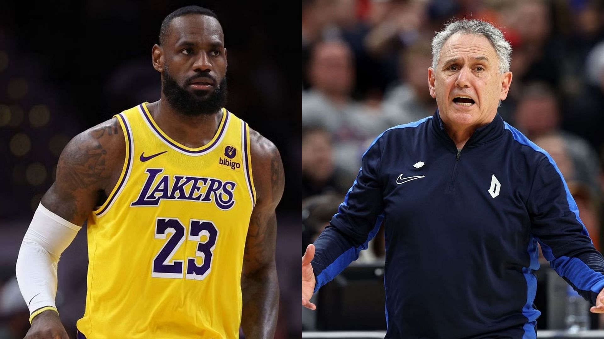 Los Angeles Lakers forward LeBron James (left) and former Duquesne head coach Keith Dambrot (right)