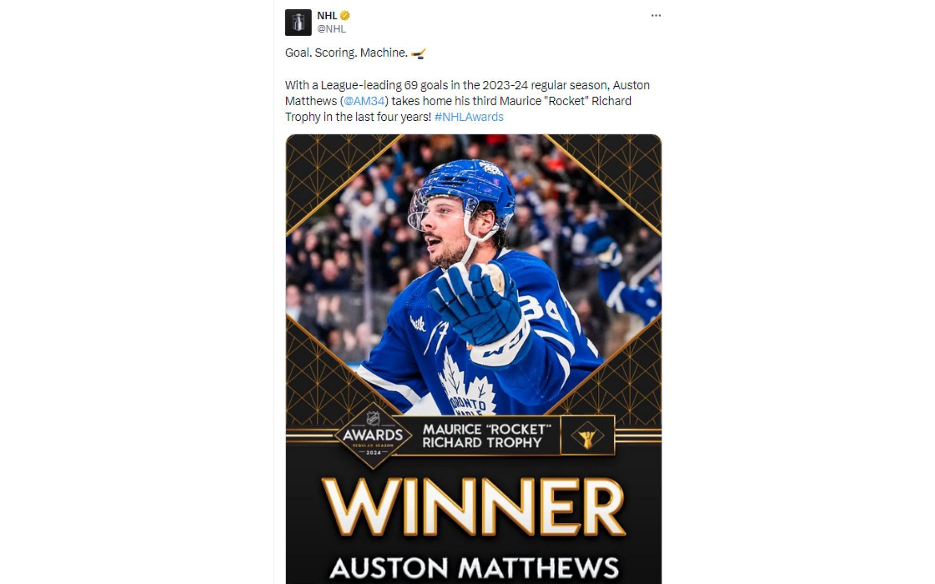 Tweet regarding Matthews&#039; Rocket Richard Trophy win [Image courtesy: @NHL - X]