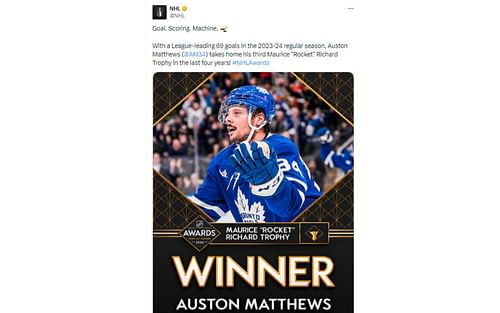 Tweet regarding Matthews' Rocket Richard Trophy win [Image courtesy: @NHL - X]