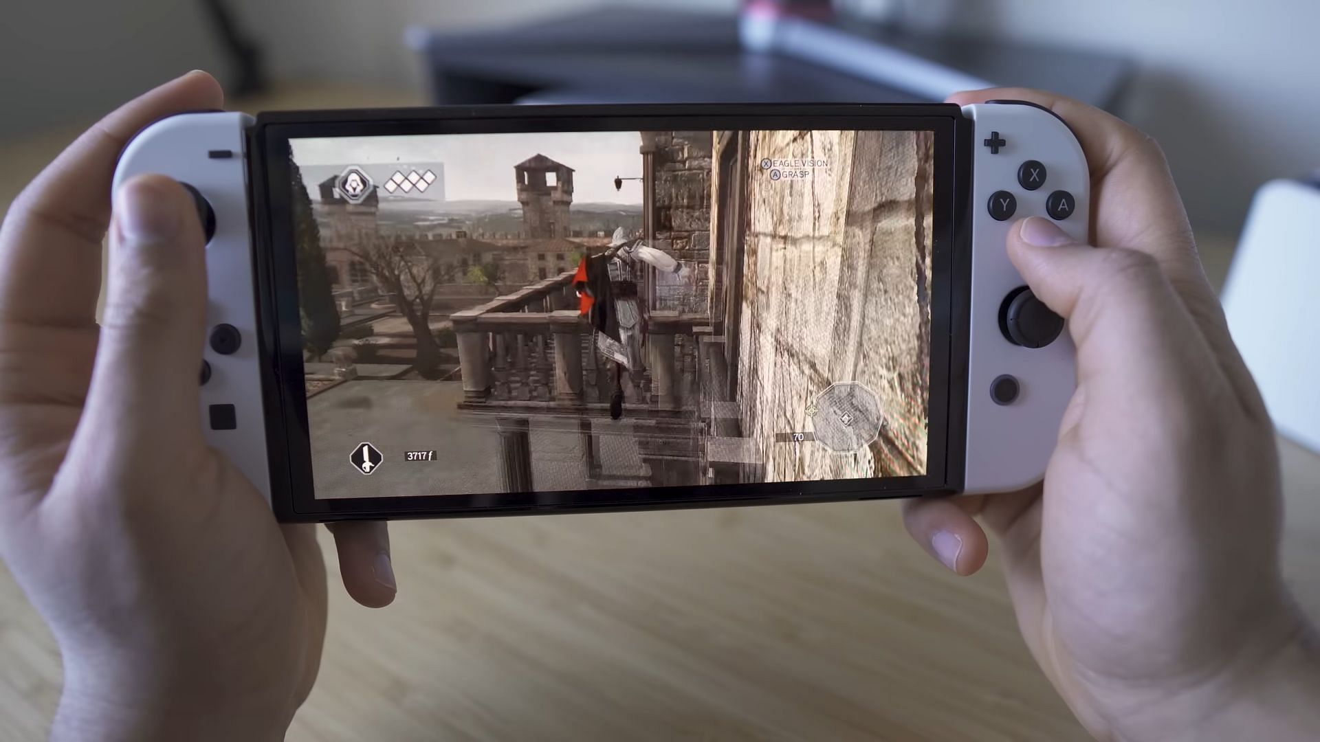 The Nintendo Switch running Assassin&#039;s Creed 2 (Image via Manny Rataul/YouTube)