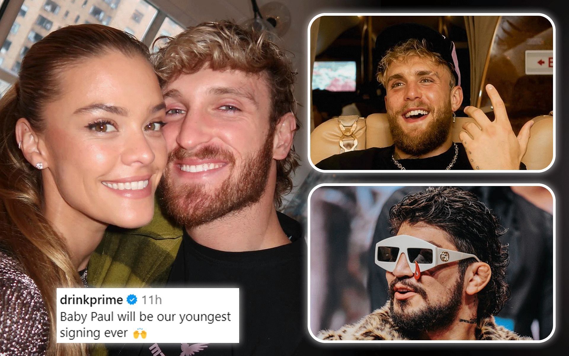 Jake Paul, Dillon Danis (right) and others react to Logan Paul and Nina Agdal (left) announcing pregnancy [Image via: @dillondanis, @ninagadal and @jakepaul on Instagram] 