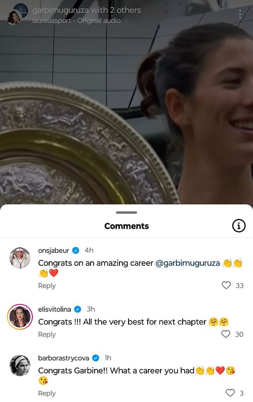 Ons Jabeur, Elina Svitolina, and Barbora Strycova congratulating Garbine Muguruza after she announced her retirement