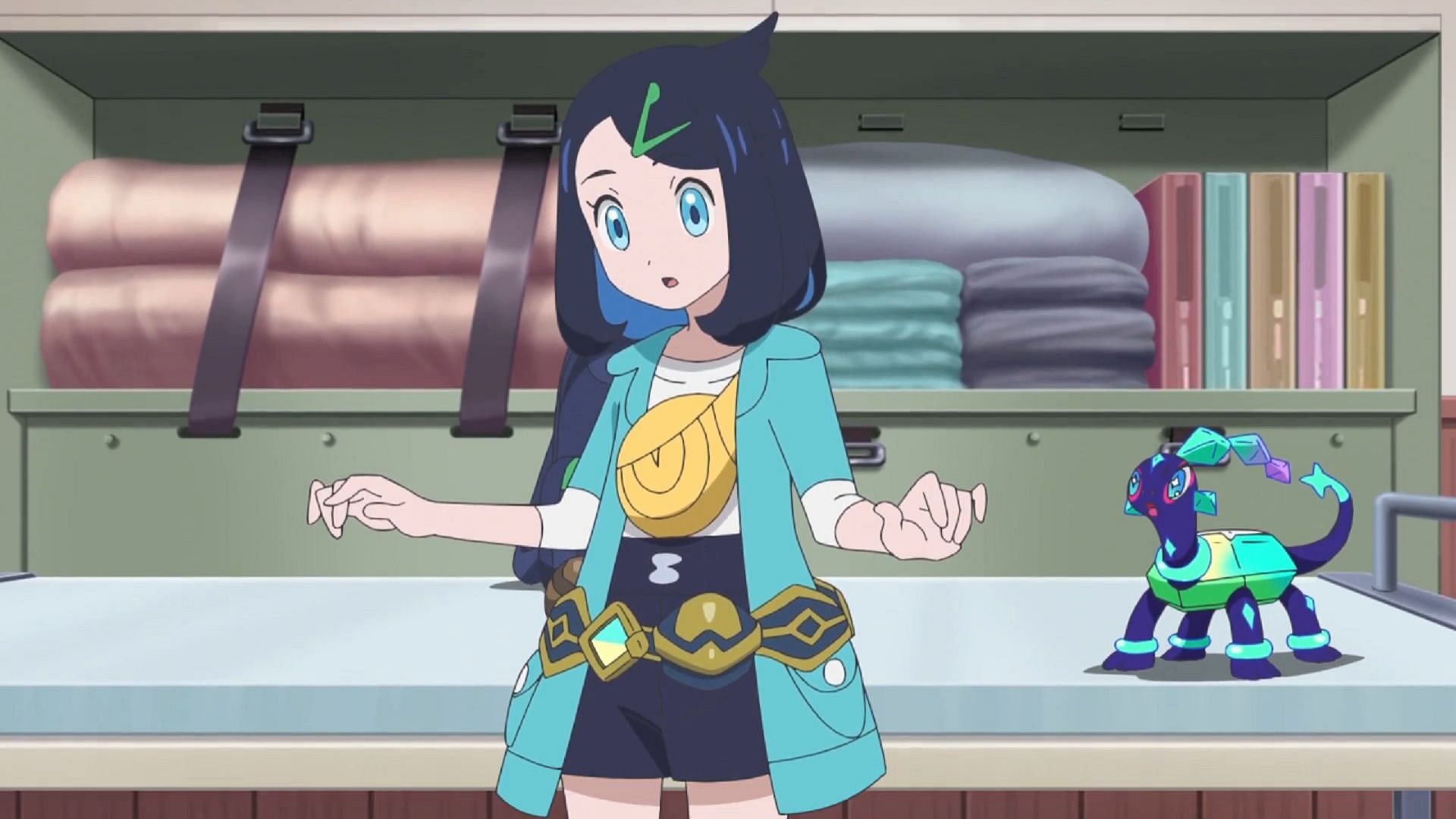 Liko receives the belt of the legendary explorer Lucius in Pokemon Horizons Episode 26 (Image via The Pokemon Company)