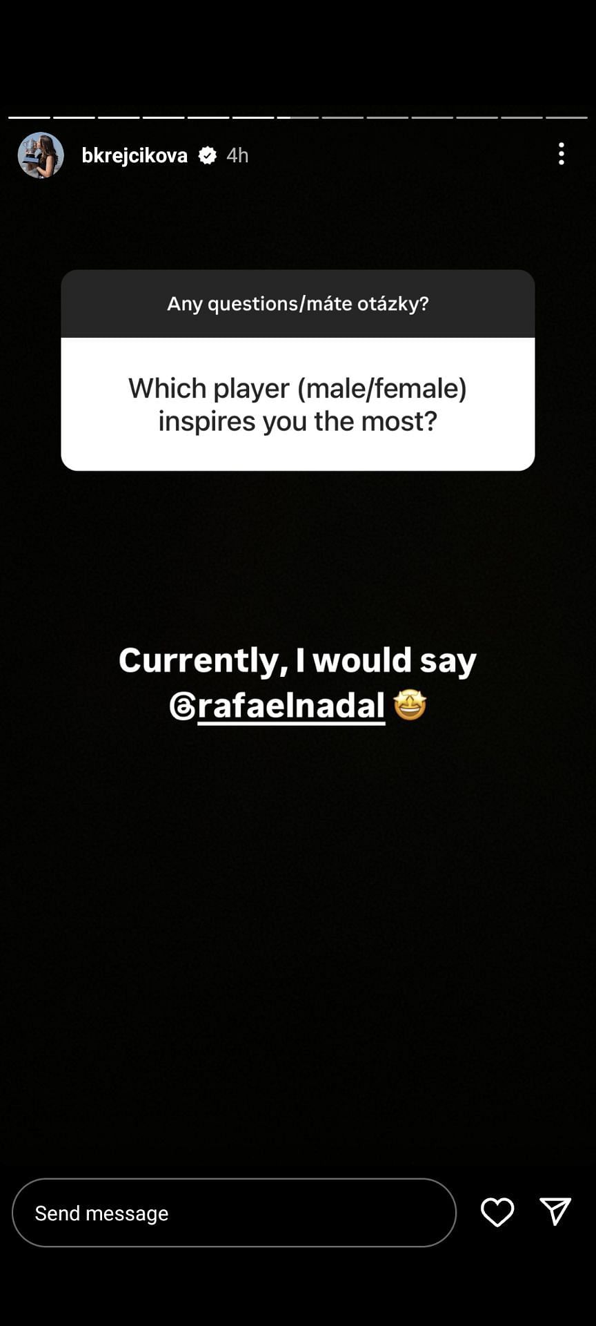 Barbora Krejcikova names Rafael Nadal as the player who inspires her the most