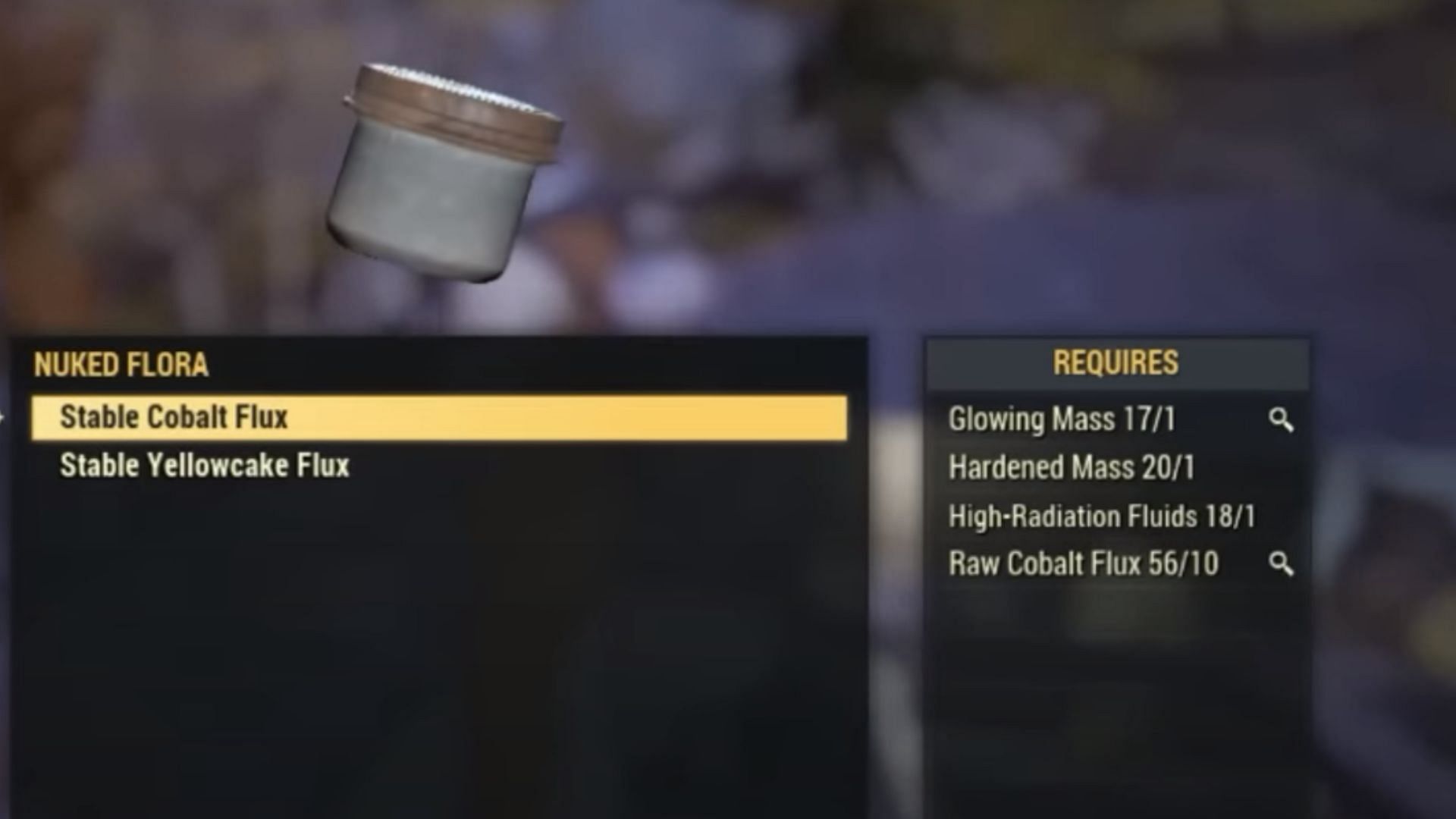 Crafting Pure Cobalt Flux in Fallout 76 (Image via Bethesda Game Studios)