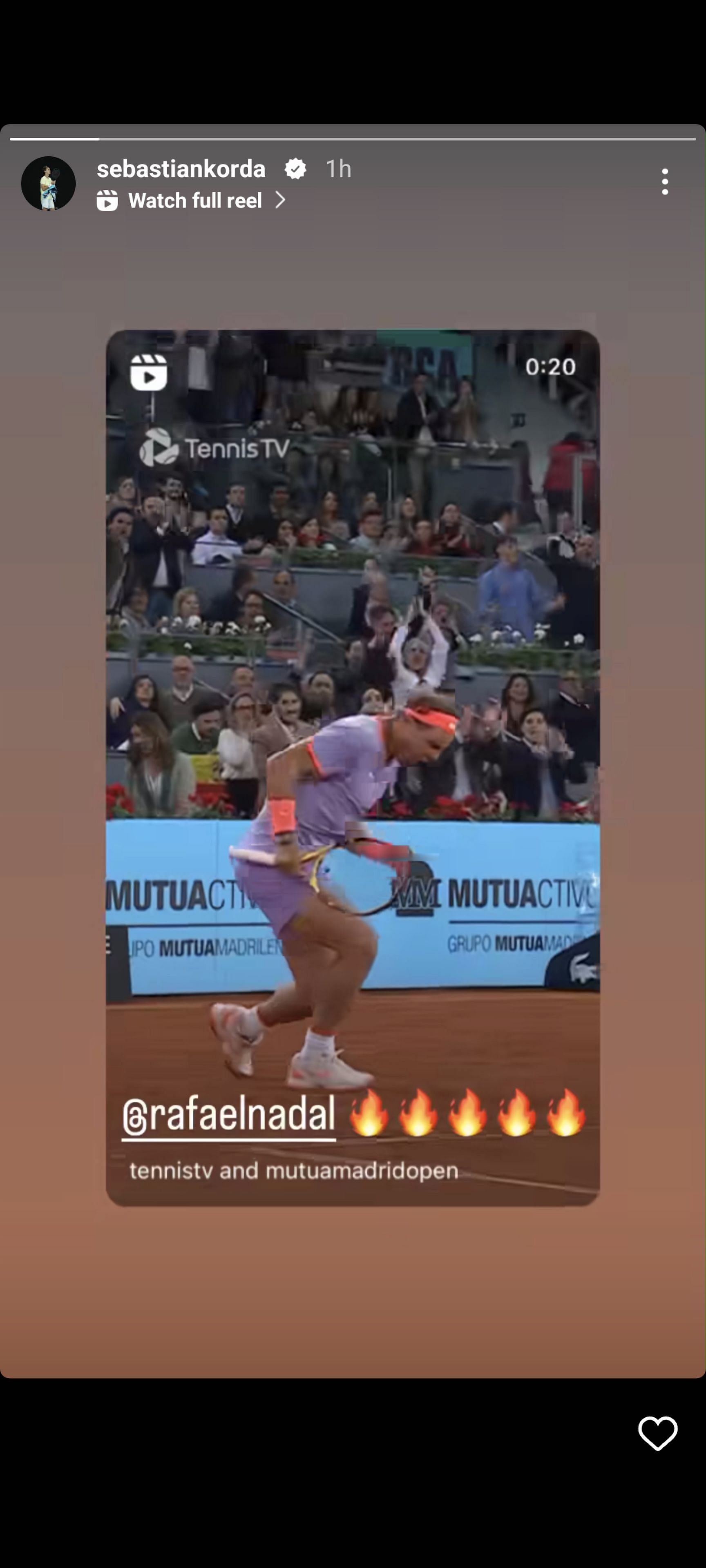 Screen grab of Sebastian Korda&#039;s Instagram story