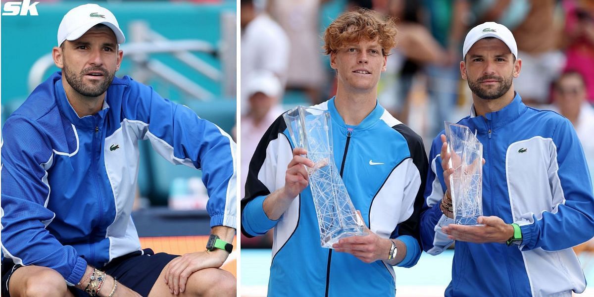 Grigor Dimitrov (L) and with Jannik Sinner at Miami Open 2024 (R)