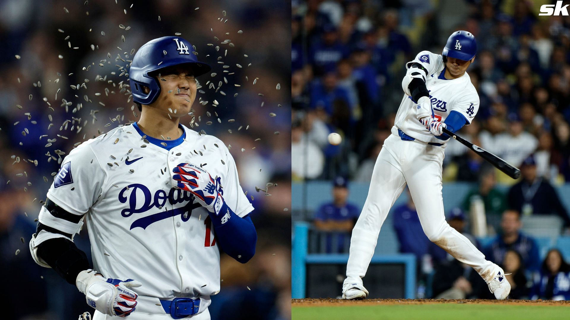 Shohei Ohtani of the Los Angeles Dodgers hits a solo home run during the seventh inning against the San Francisco Giants at Dodger Stadium