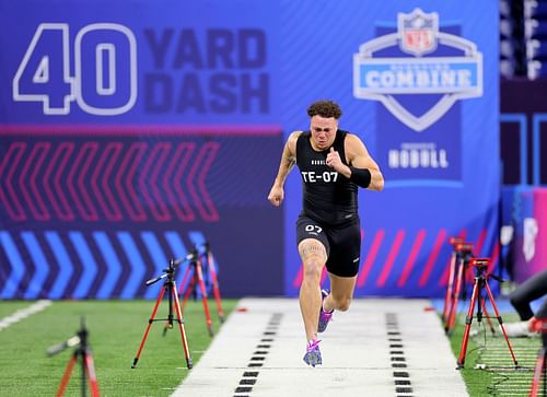 Theo Johnson #TE07 of Penn State participates in the 40-yard dash during the NFL Combine