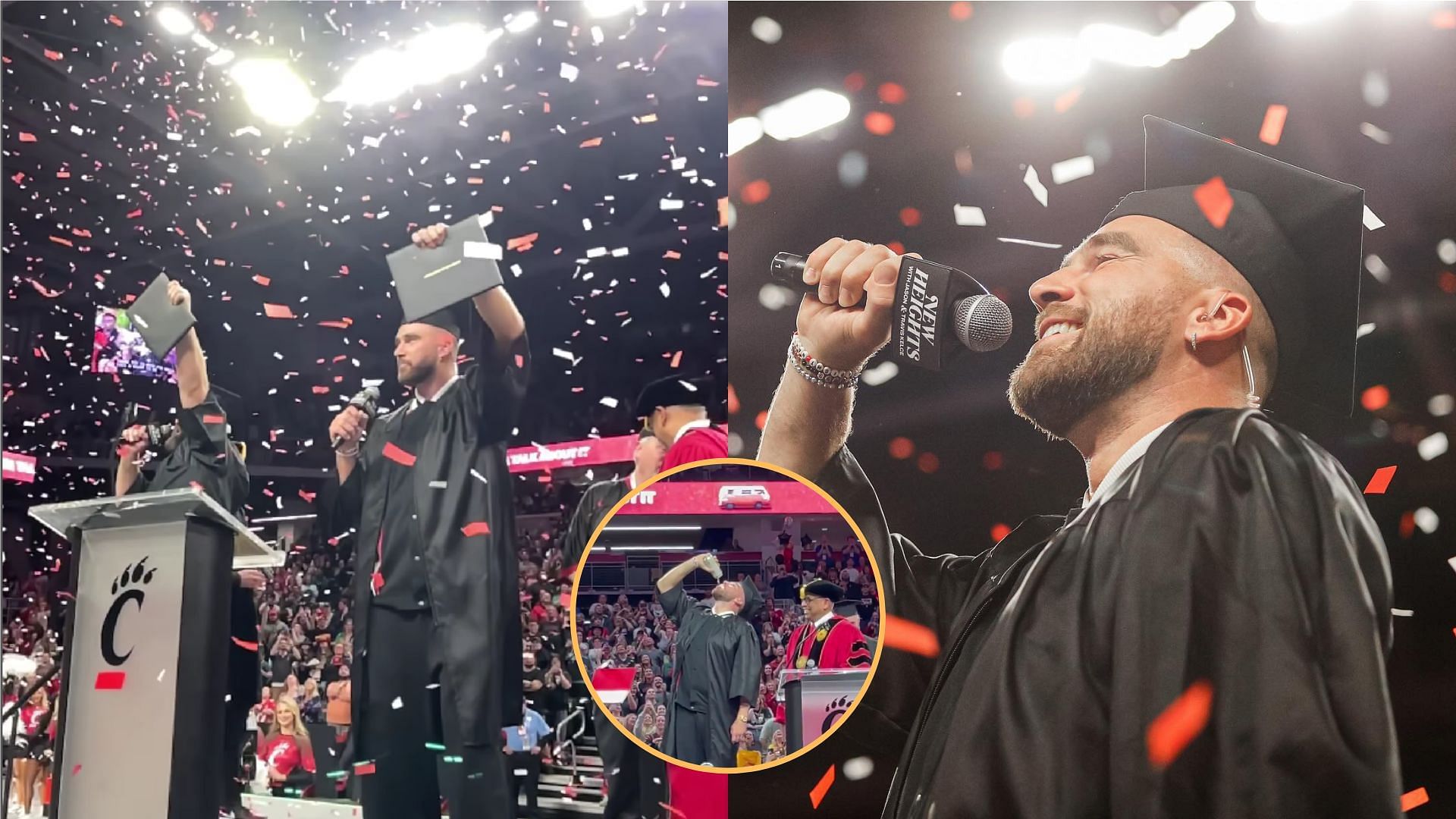 Travis Kelce chugs entire can of beer before accepting diploma at live New Heights show