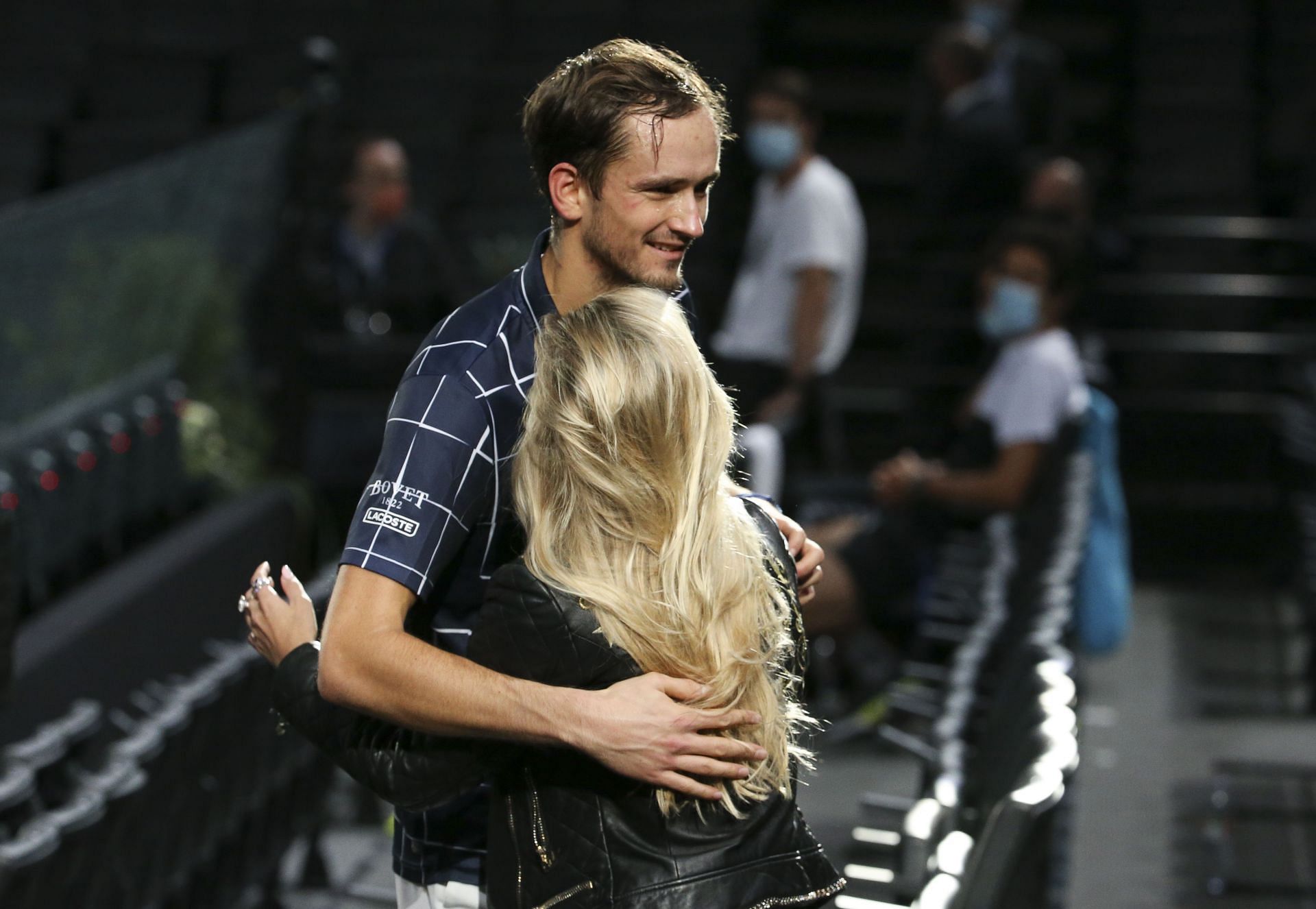Daniil Medvedev pictured embracing his wife Daria at the 2020 Paris Masters.