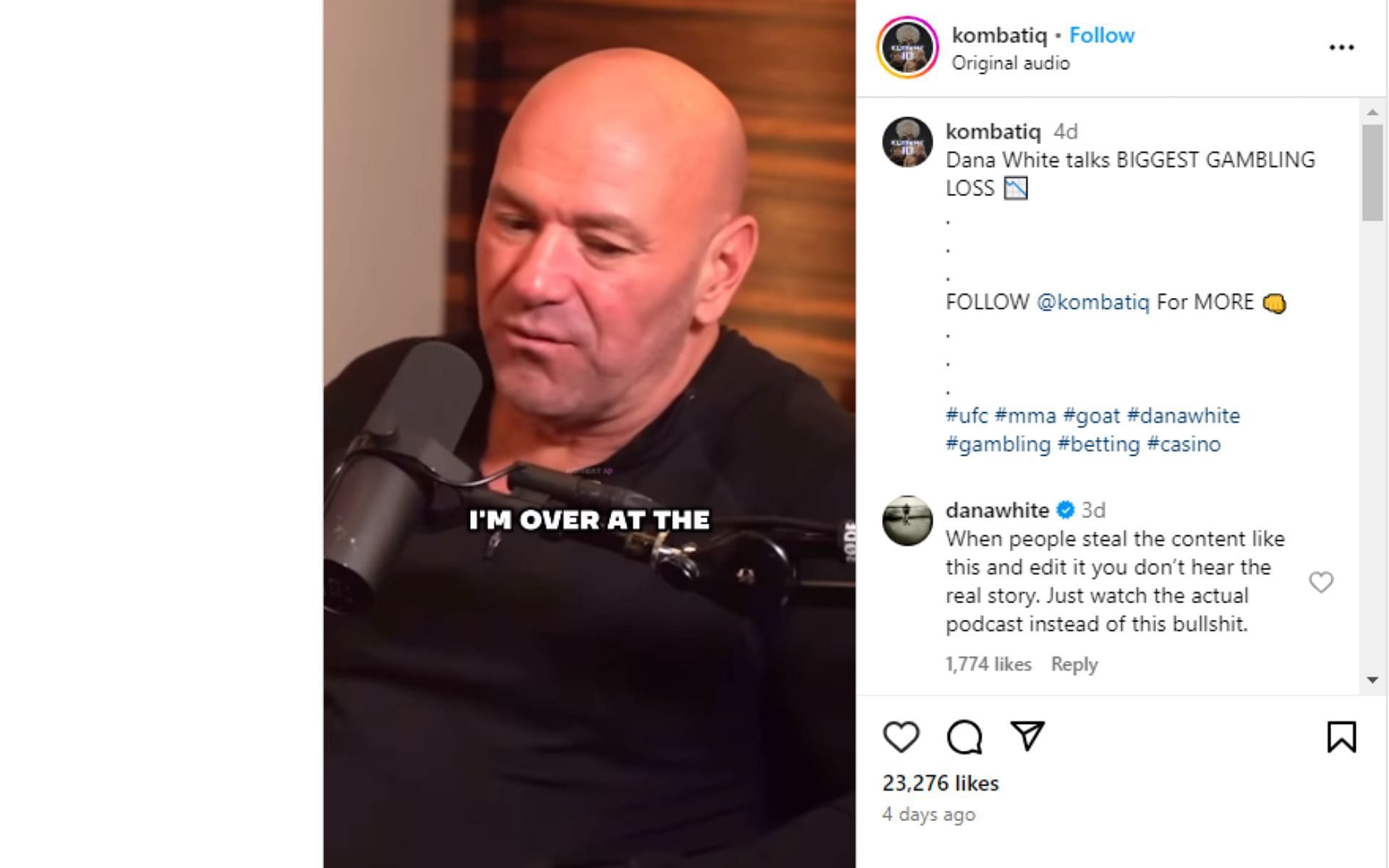 Dana White reacts to an edited video of him telling gambling story