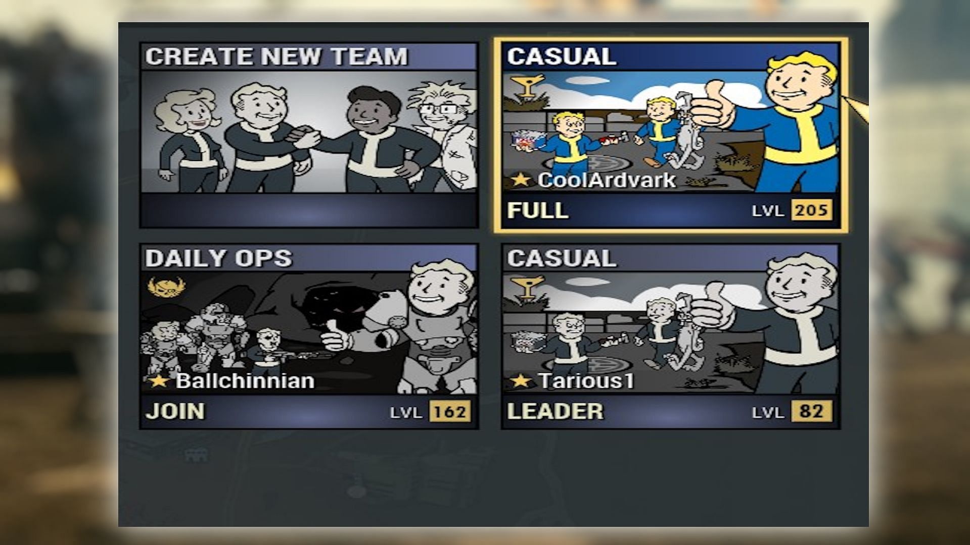 You can join a Casual Team in the Social menu (Image via Bethesda Game Studios)