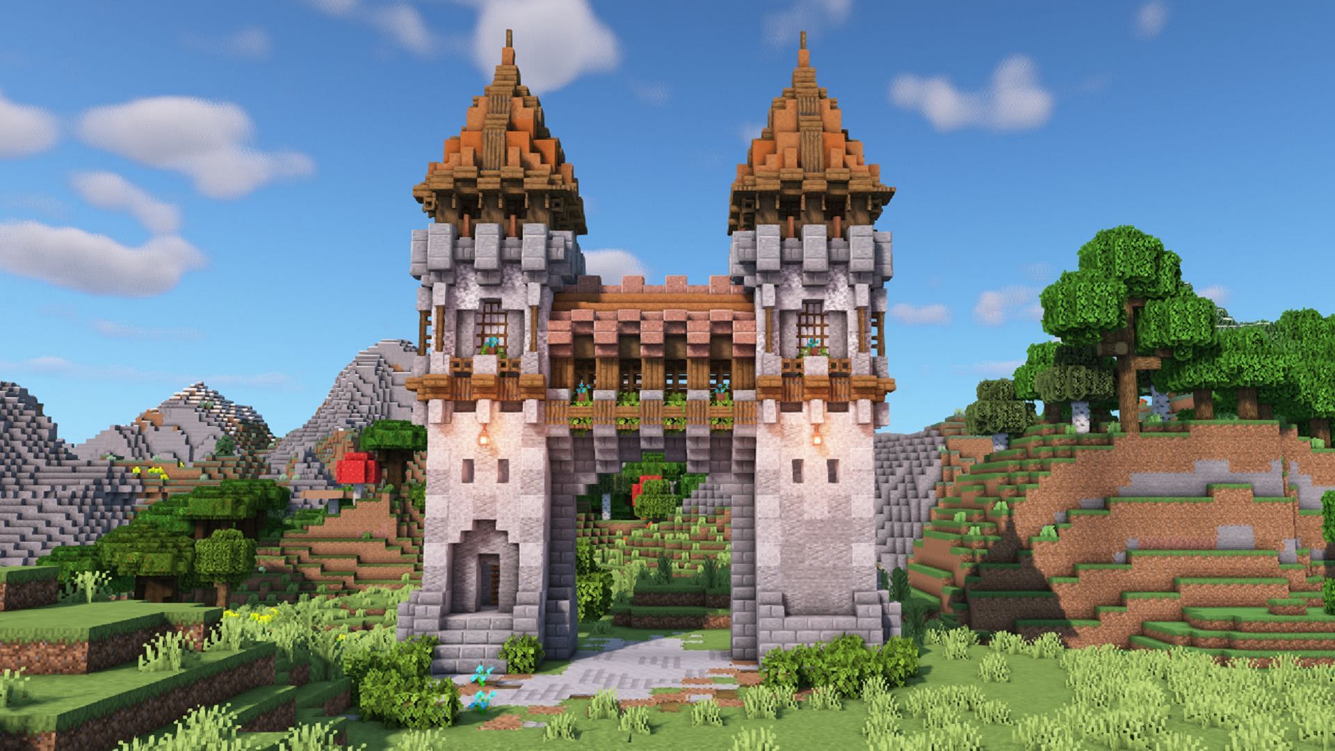 This gatehouse provides a visible access point to enter a medieval Minecraft town (Image via u/Wansom_Wang/Reddit, Mojang)