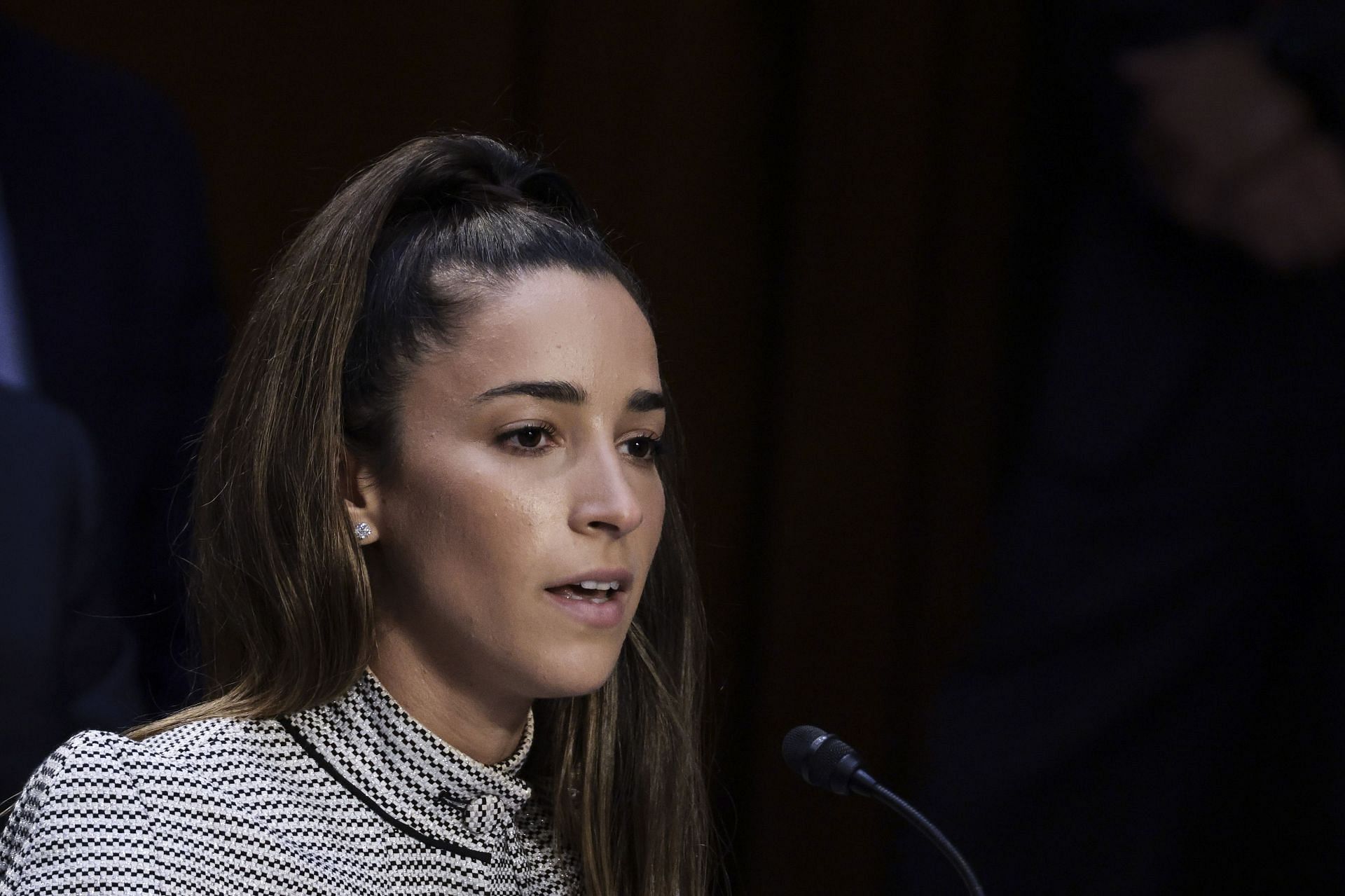 Aly Raisman testifies during a Senate Judiciary hearing about Larry Nassar&#039;s investigation of sexual abuse of Olympic gymnasts in 2021 in Washington, DC.