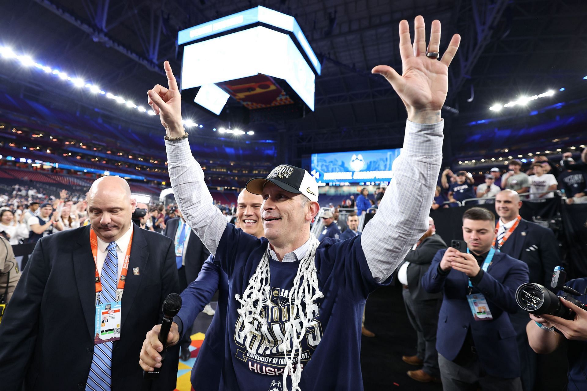 Head coach Dan Hurley of the Connecticut Huskies celebrates after beating the Purdue Boilermakers 75-60 to win the NCAA Men&#039;s Basketball Tournament National Championship game at State Farm Stadium on April 8, 2024, in Glendale, Arizona. (Photo by Jamie Squire/Getty Images)