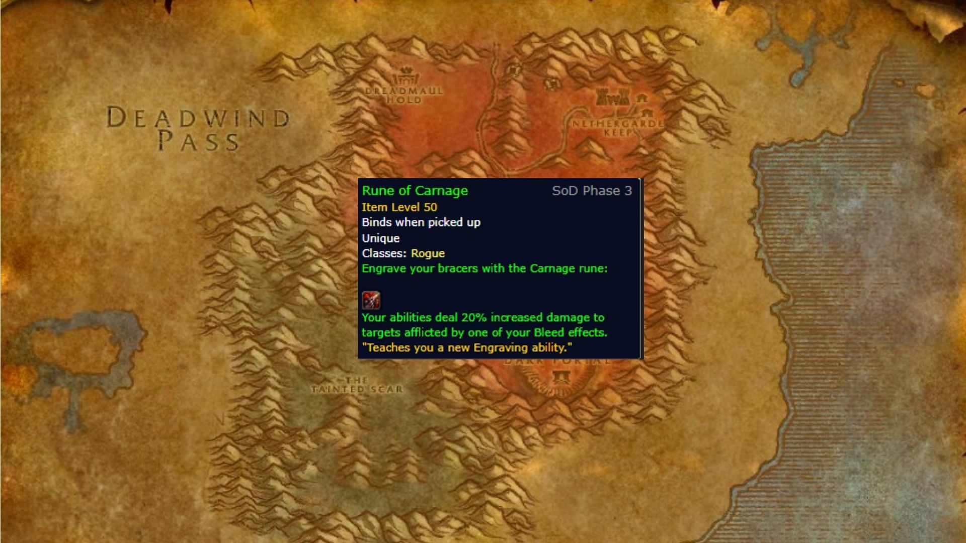 The Carnage Rune for WoW Classic SoD Phase 3 for Rogues (Image via Blizzard Entertainment)