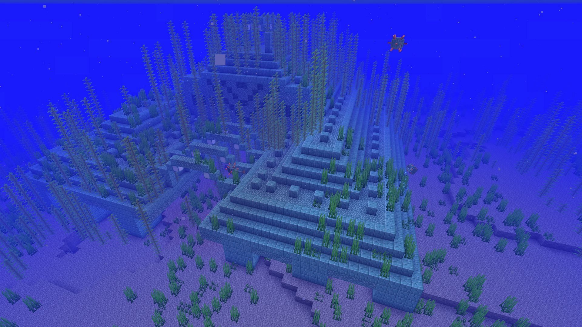 An ocean monument being protected by its guardians (Image via Mojang)