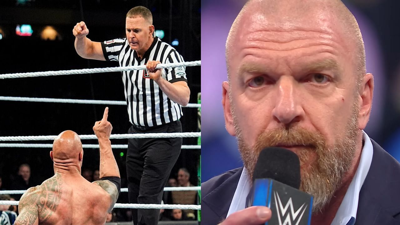 The Rock warning the referee; Triple H (via WWE