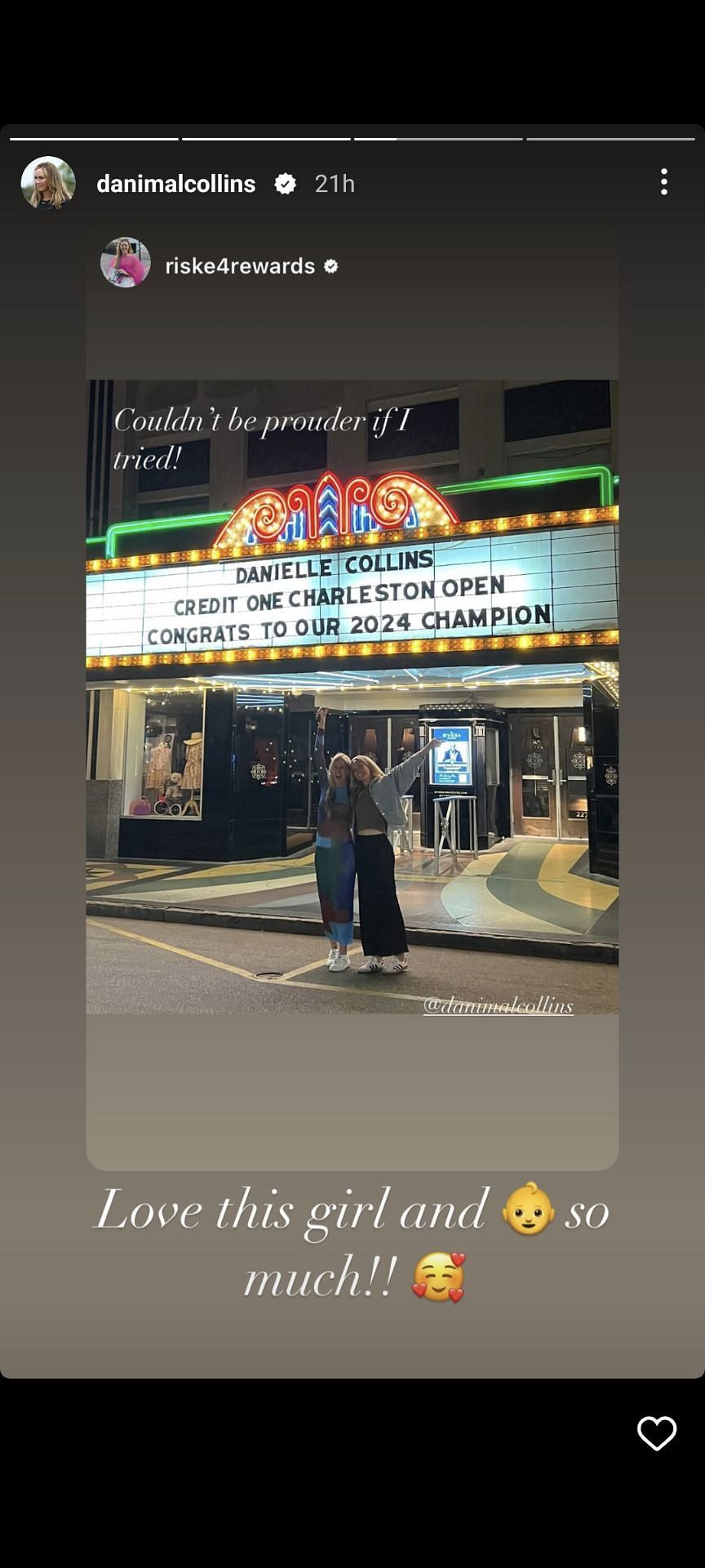 Danielle Collins&#039; Instagram post featuring herself and Alison Riske-Amritraj posing in front of a board with a congratulatory message for the Charleston Open champion
