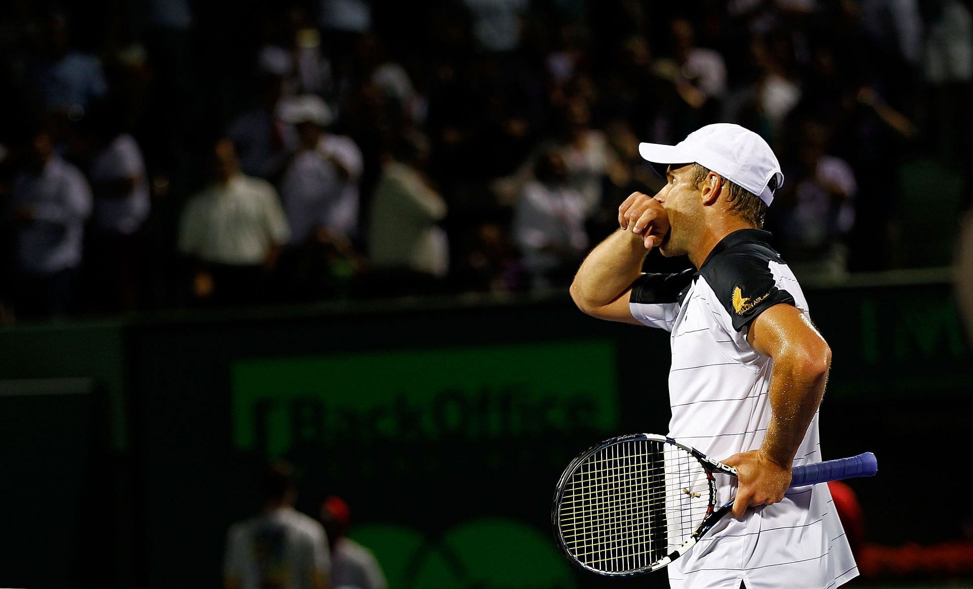 Andy Roddick in disbelief after defeating Roger Federer at the 2012 Miami Open.