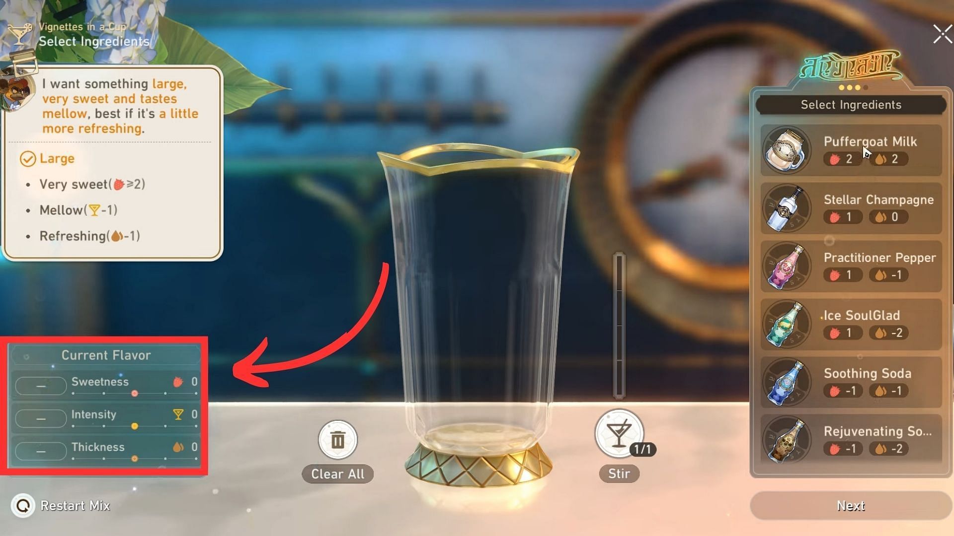 Keep an eye on the current flavor while mixing drinks (Image via HoYoverse)