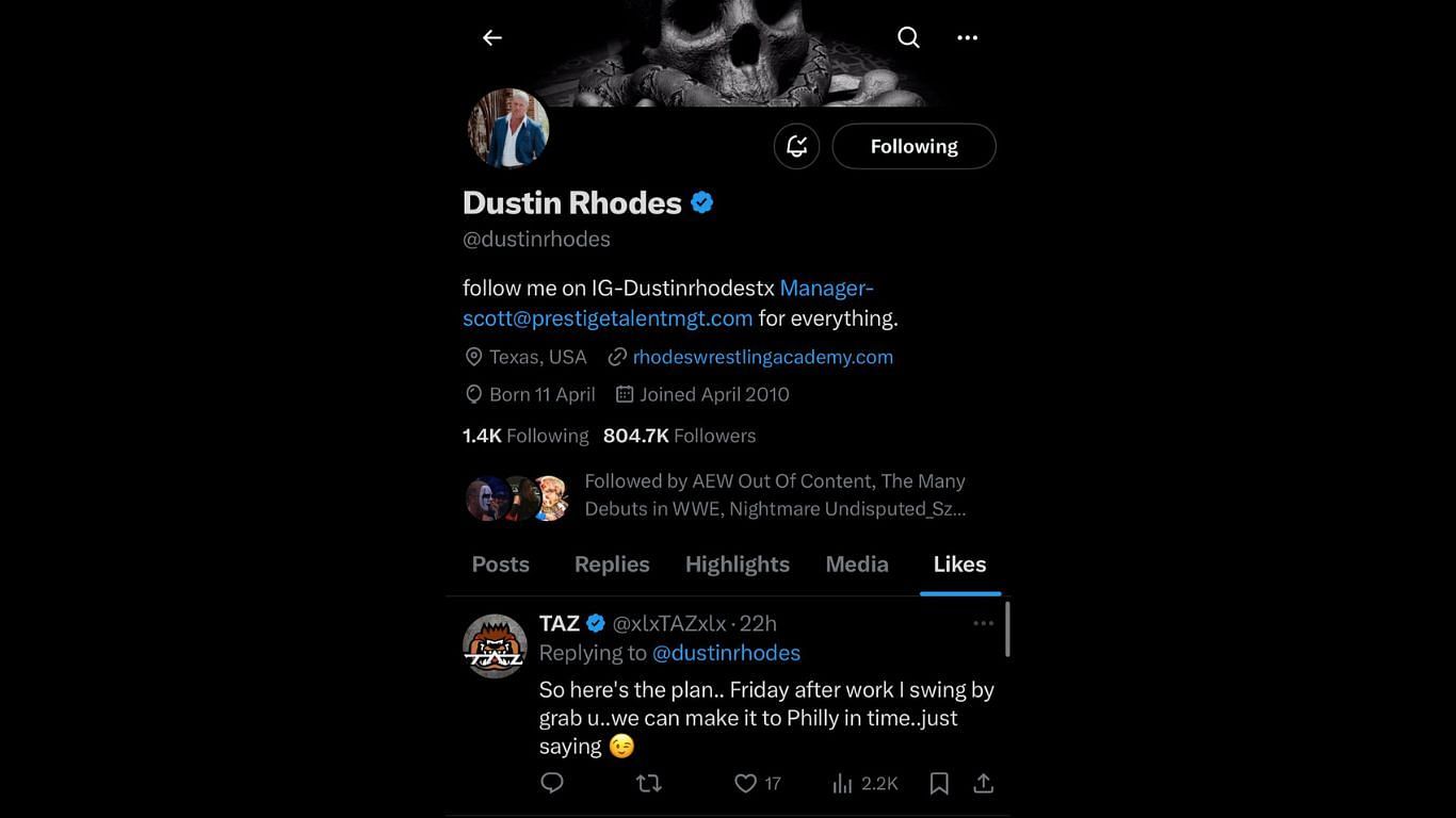 Dustin Rhodes liked Taz&#039;s tweet about possibly heading to Philadelphia for WrestleMania XL.