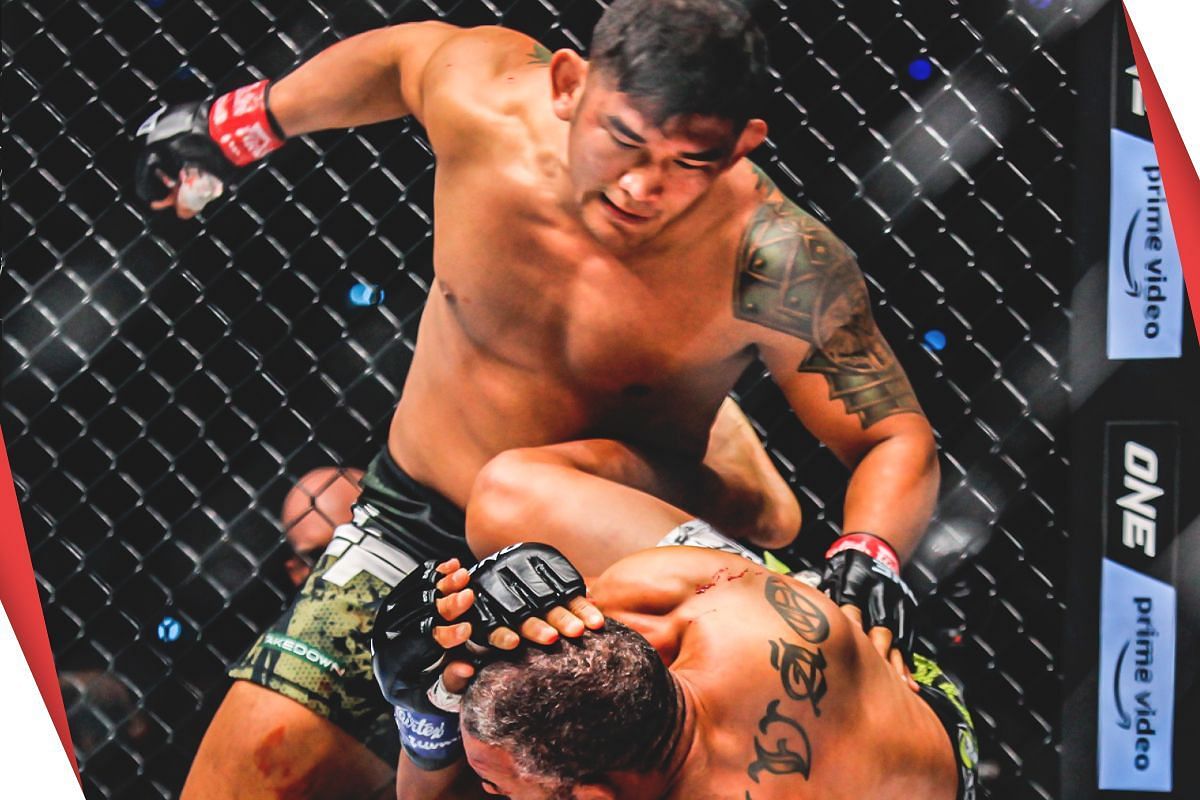 Aung La N Sang lays on the ground-and-pound against Gilberto Galvao [Photo via: ONE Championship]