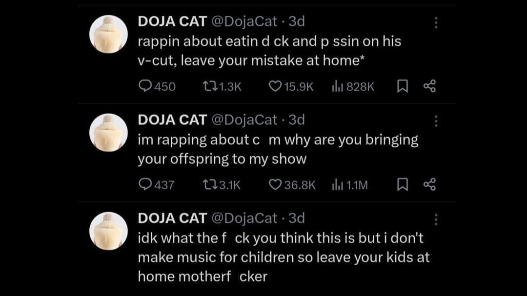 Doja Cat reacts to parents bringing children at her concerts, (Images via @DojaCat/X)