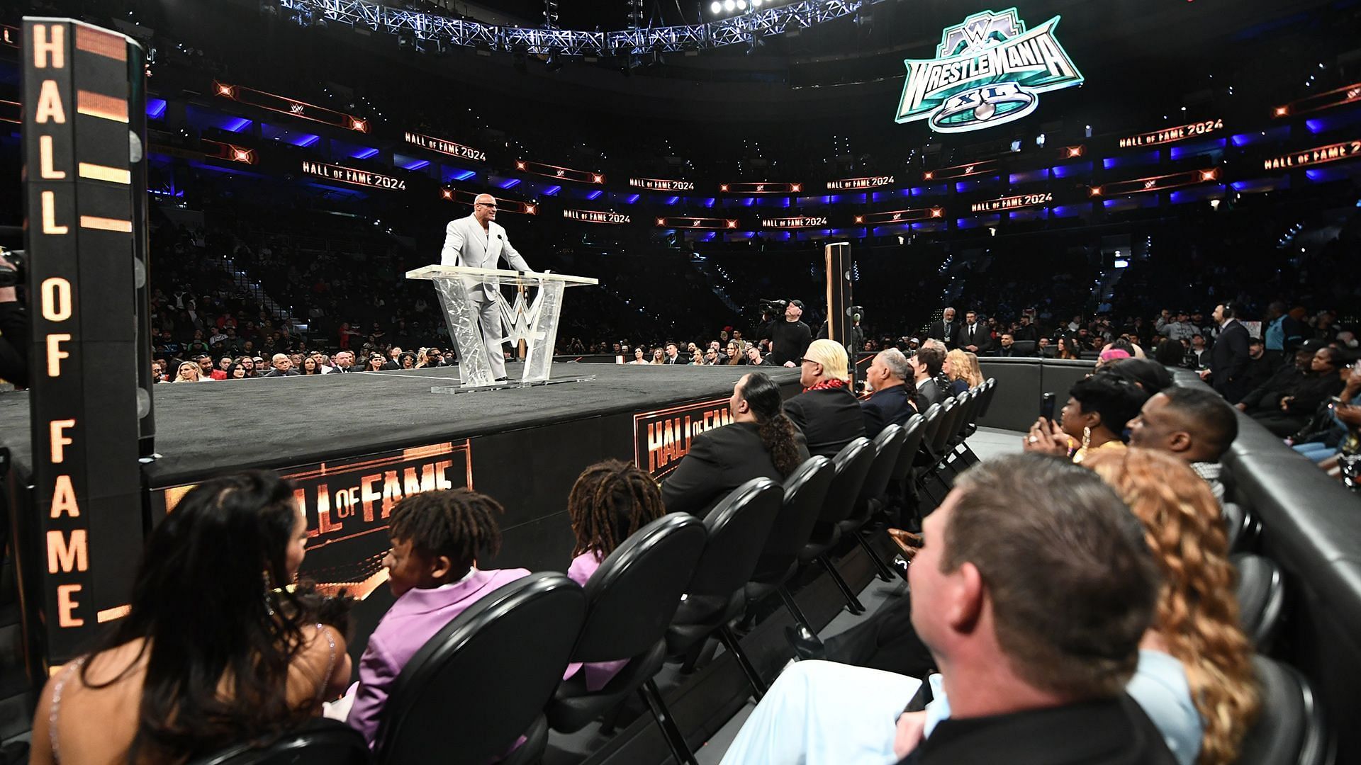 The Rock speaks at the 2024 WWE Hall of Fame induction ceremony