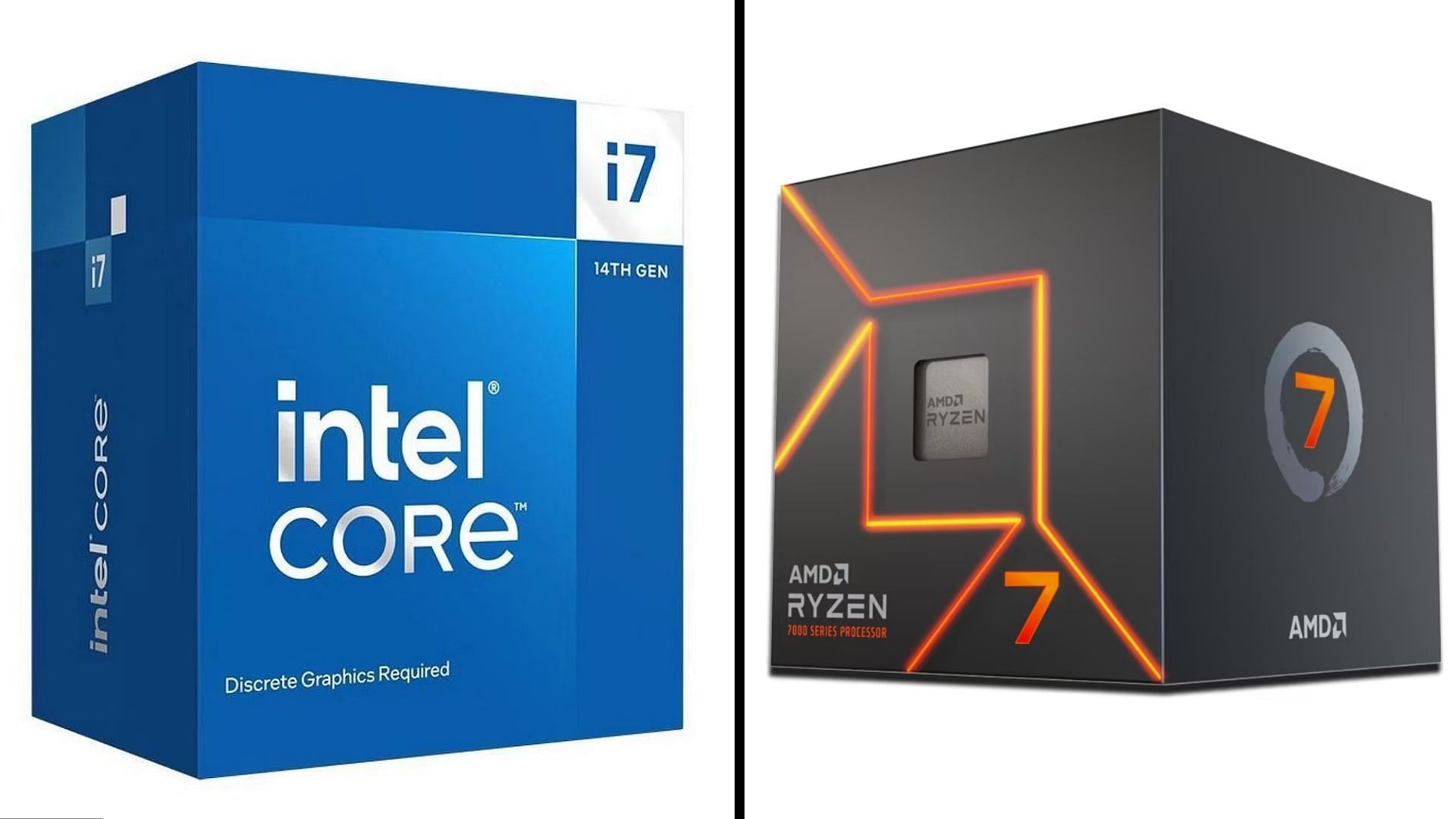 The Intel Core i7-14700 and Ryzen 7 7700 are capable mid-range gaming CPUs (Image via Newegg and AMD)