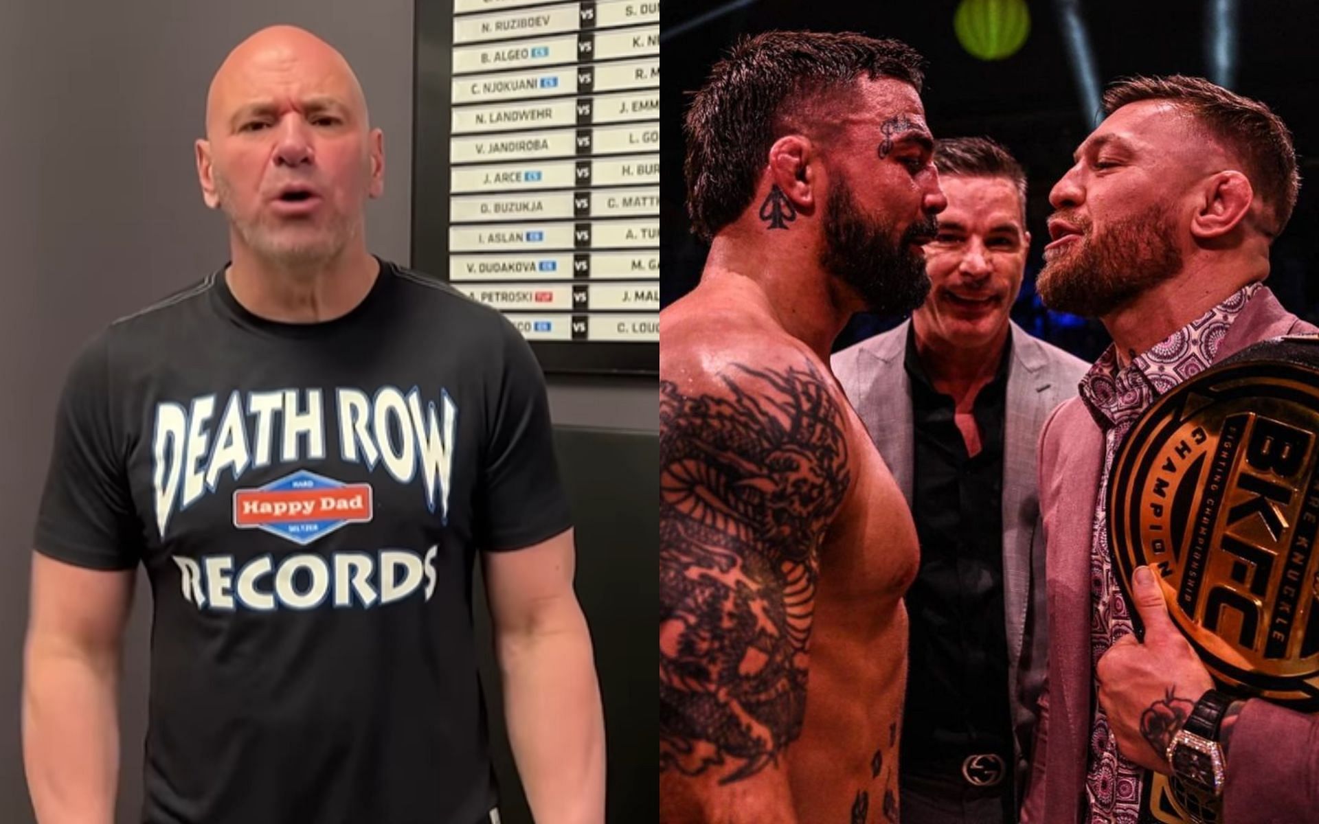 When Dana White (left) reacted to Mike Perry (middle) and Conor McGregor (right) face off at BKFC event [Image courtesy @platinummikeperry and @danawhite on Instagram]