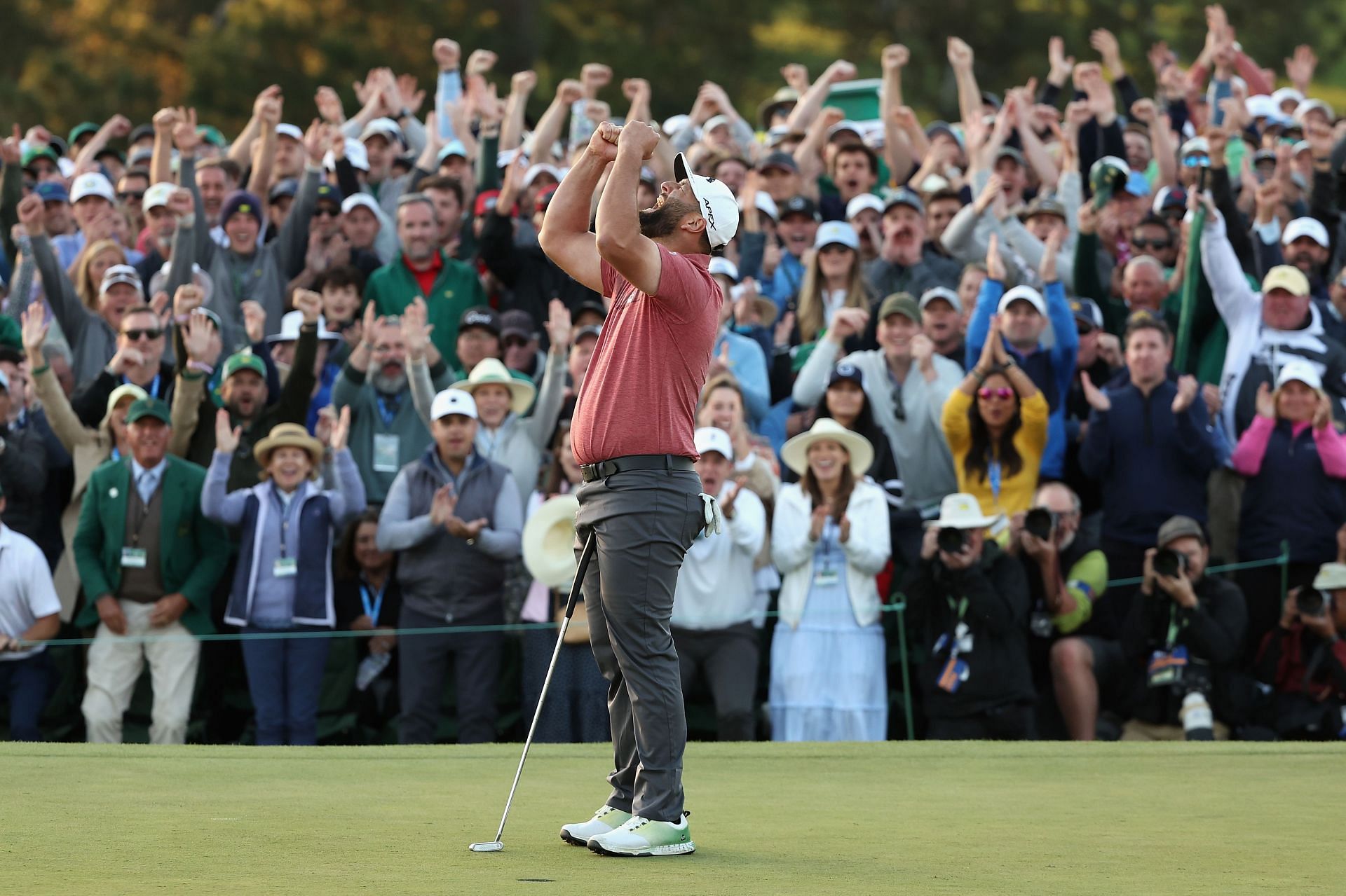 Jon Rahm celebrates after winning the Masters Final Round