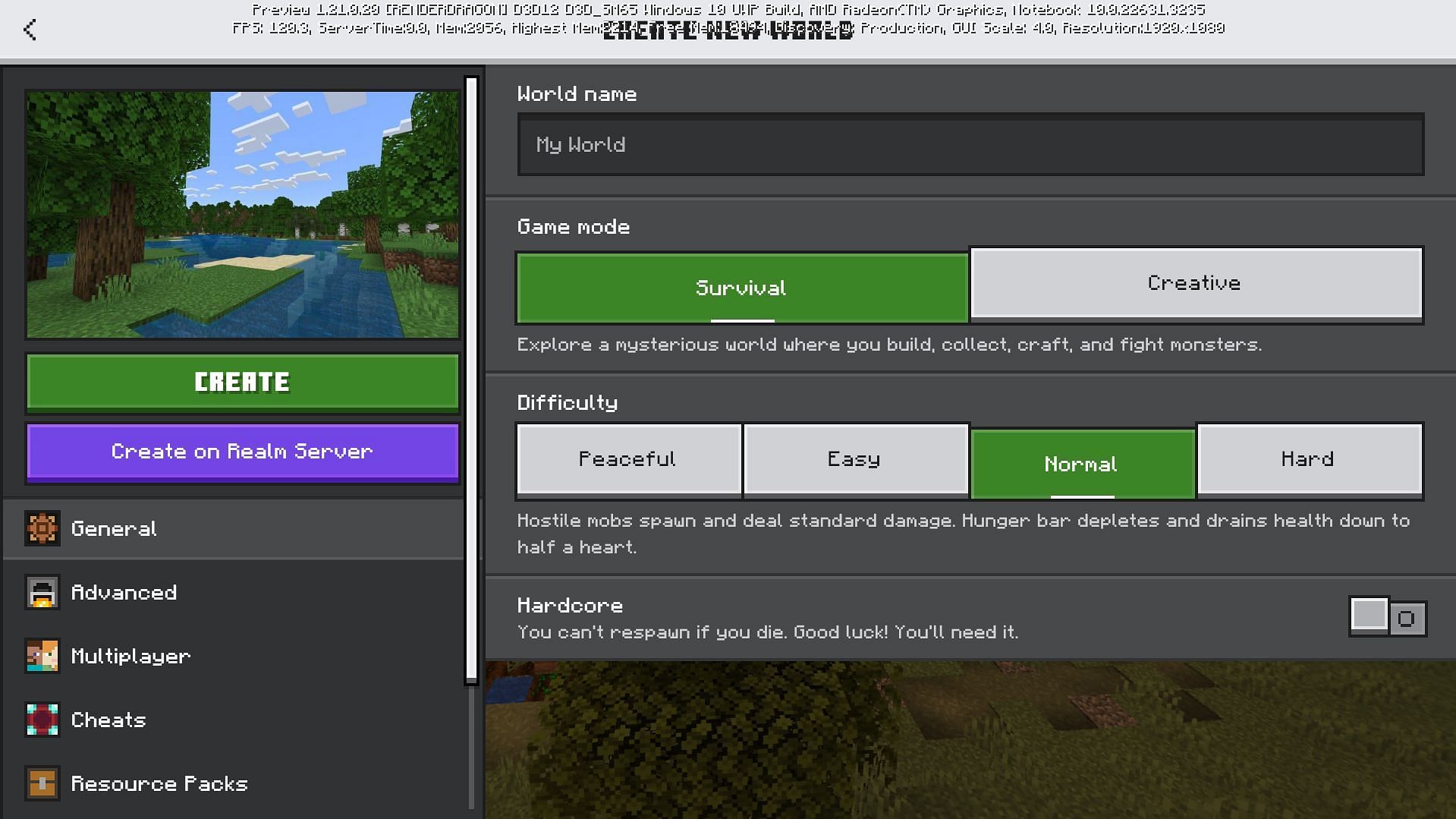 The latest beta preview will have a hardcore toggle button on the world creation page (Image via Mojang Studios)