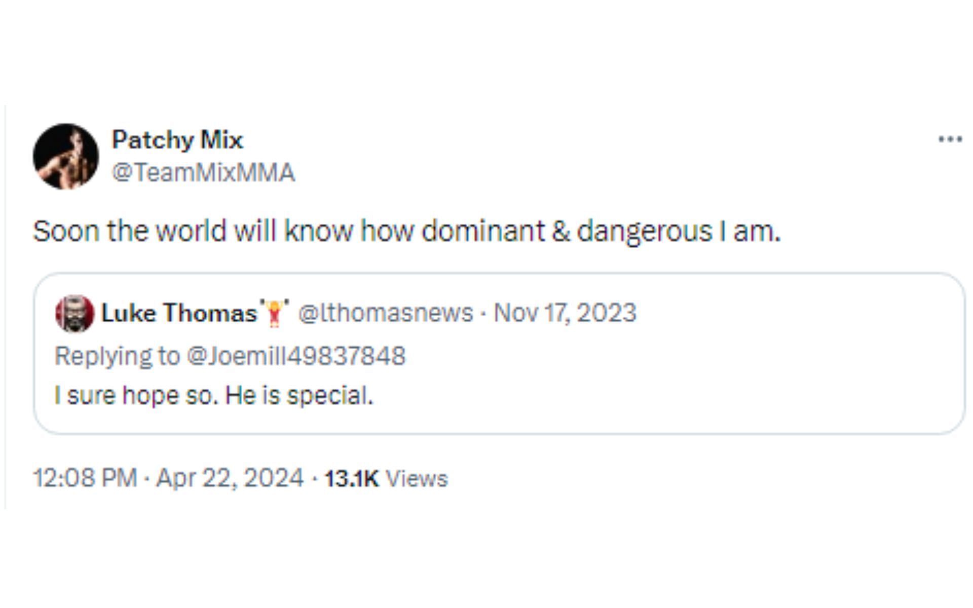 Mix&#039;s tweet responding to Thomas [Image courtesy: @TeamMixMMA - X]