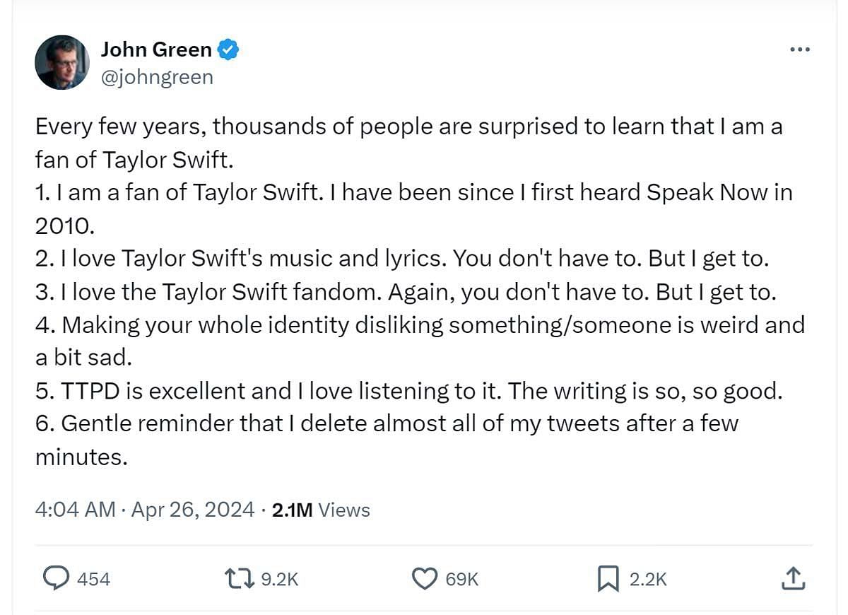 John Green&#039;s X post about Swift (Image via X/ @johngreen)