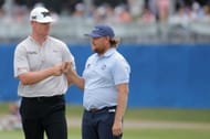 Patrick Fishburn and Zac Blair celebrate on the 18th green during the third round of the Zurich Classic of New Orleans