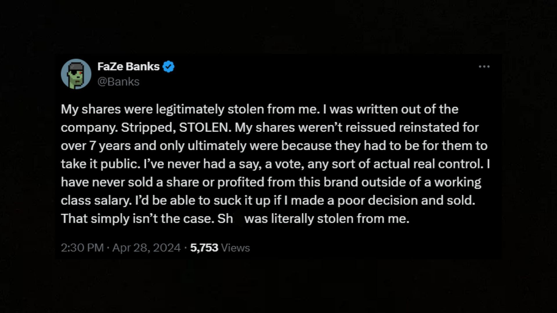 FaZe Banks explain his lack of control over the organization for &quot;7 years&quot; (Image via Banks/X)