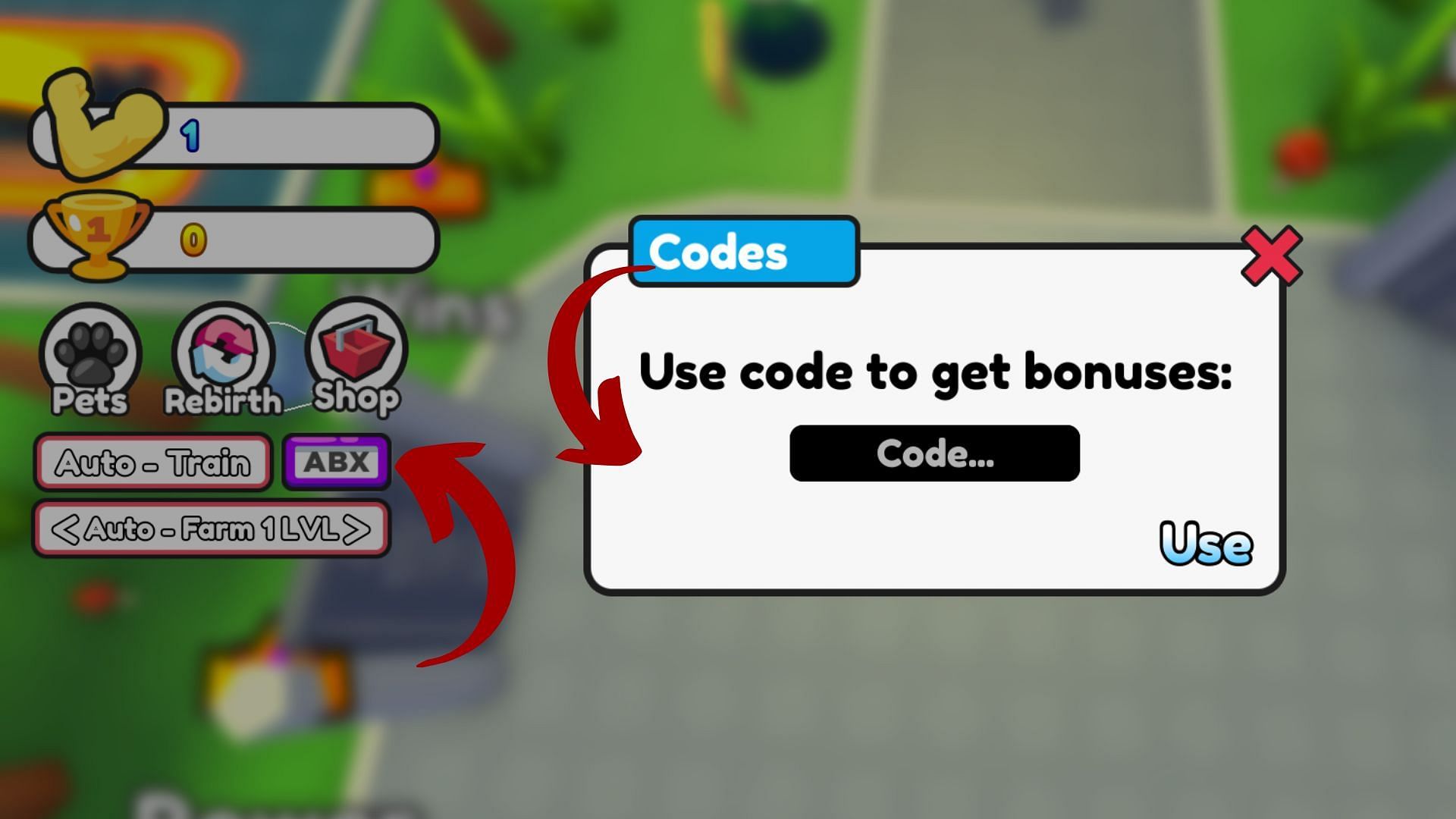 Redeem codes in Strong Leg Simulator (Image via Roblox)