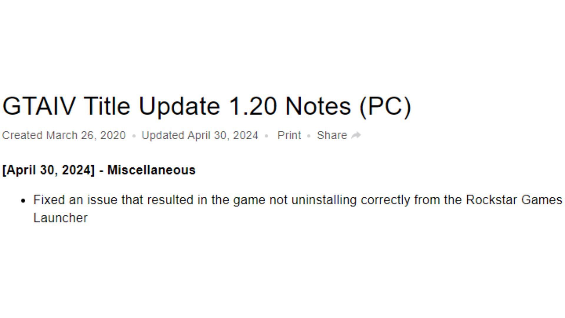 A screenshot of GTA 4 update&#039;s patch notes via Rockstar Games Support (Image via Rockstar Games Support)