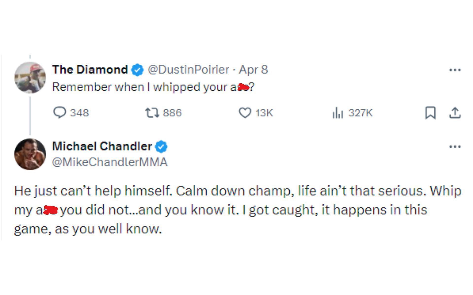 Poirier and Chandler&#039;s exchange on X [Image courtesy: @DustinPoirier and @MikeChandlerMMA - X]