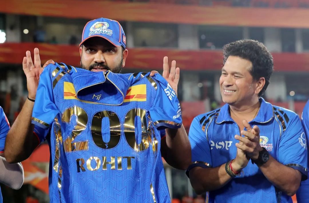 Rohit Sharma receives a special jersey from Sachin Tendulkar on his 200th IPL game