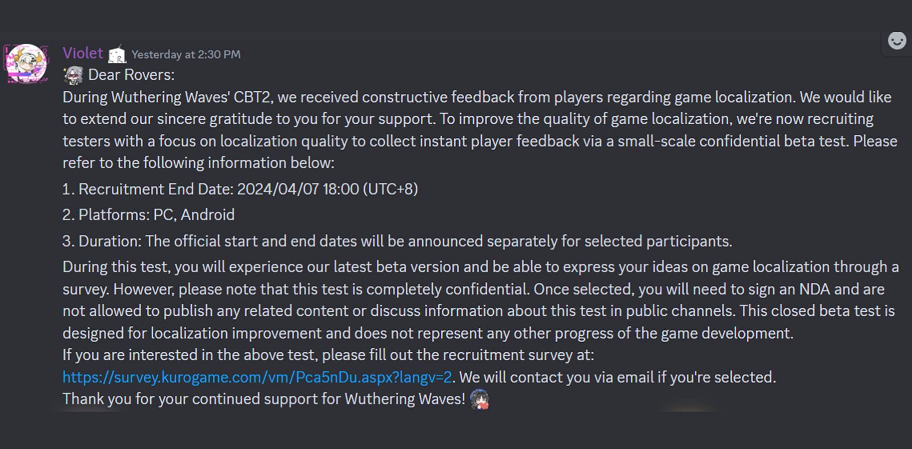 NDA Beta recruitment announcement (Image via Wuthering Waves Official Discord)