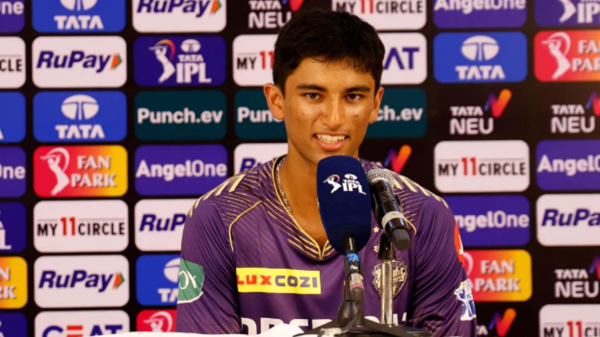 Raghuvanshi addresses the press conference after KKR's win.