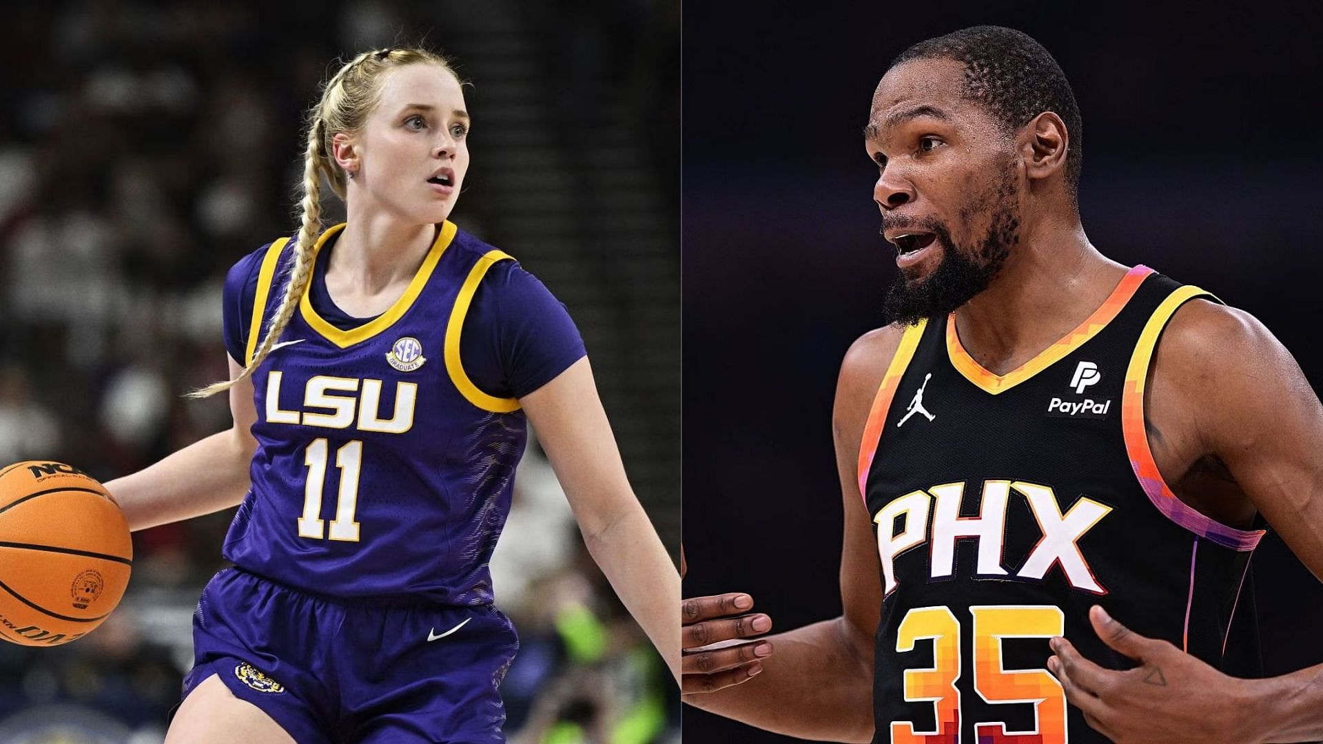 LSU guard Hailey Van Lith (left) and Phoenix Suns Kevin Durant (right)