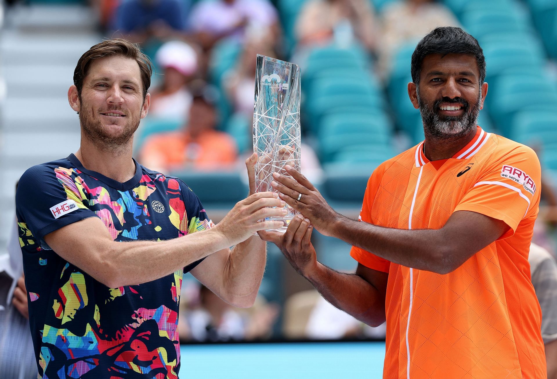 Rohan Bopanna and Matthew Ebden with the men&#039;s doubles trophy in Miami