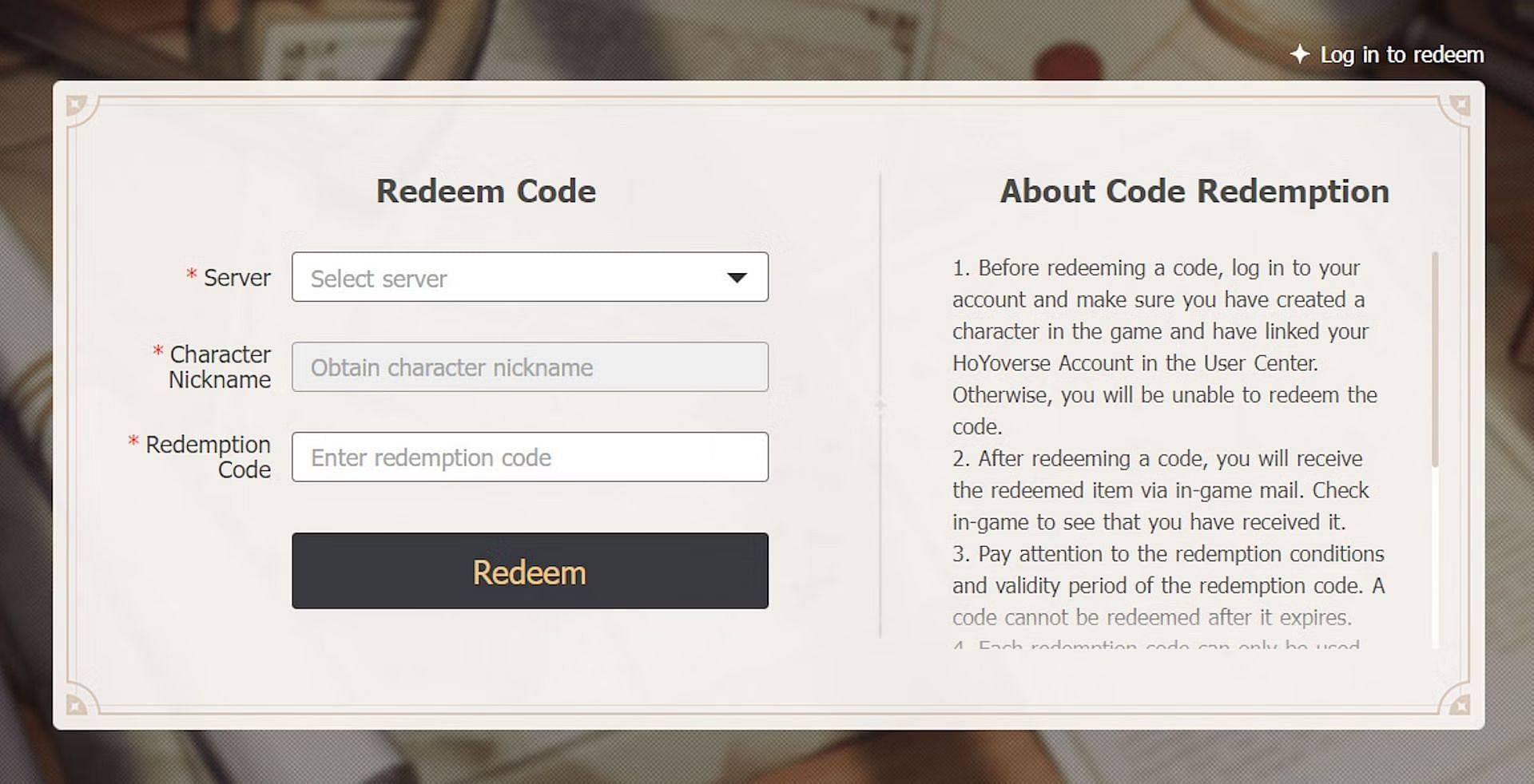 Redeeming a code on the website (Image via HoYoverse)