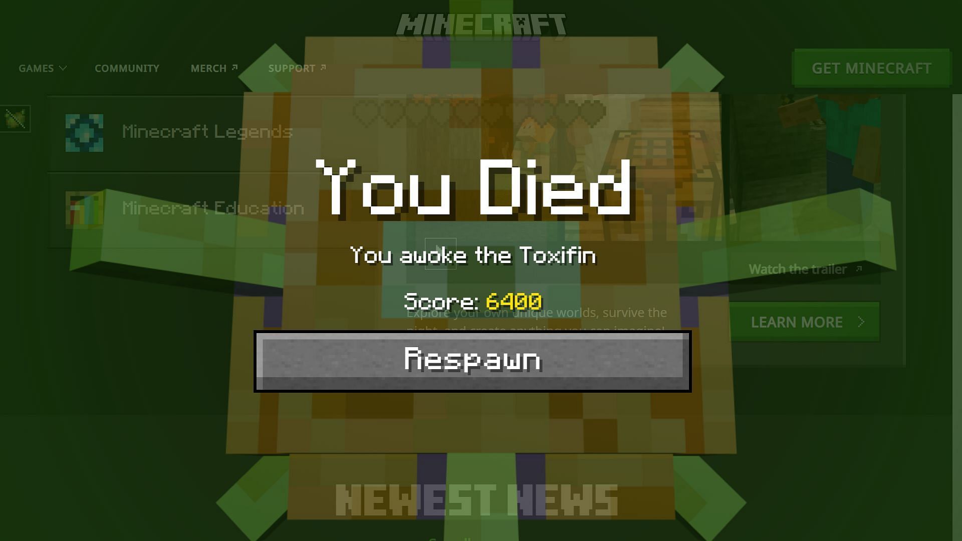 Death message displayed on the game&#039;s official website as April Fools. (Image via Mojang Studios)